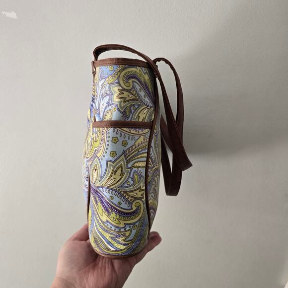 Longaberger Tote Blue Green Paisley Faux Leather Trim Handles EUC - Picture 7 of 12